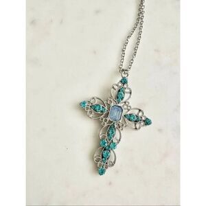 Blue rhinestone cross necklace
